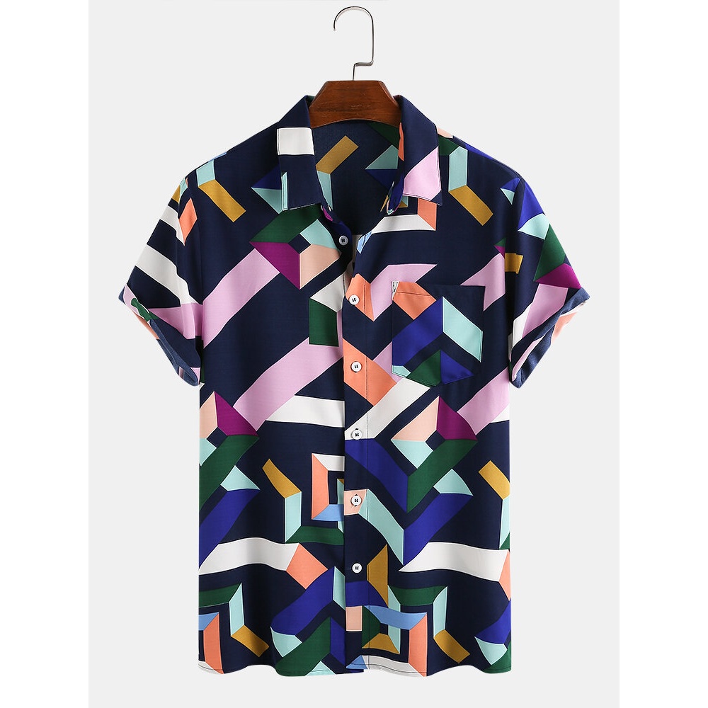 Mens Fashion Color Block Geometric Printing Breathable Short Sleeve Casual Shirts - Blue 2XL