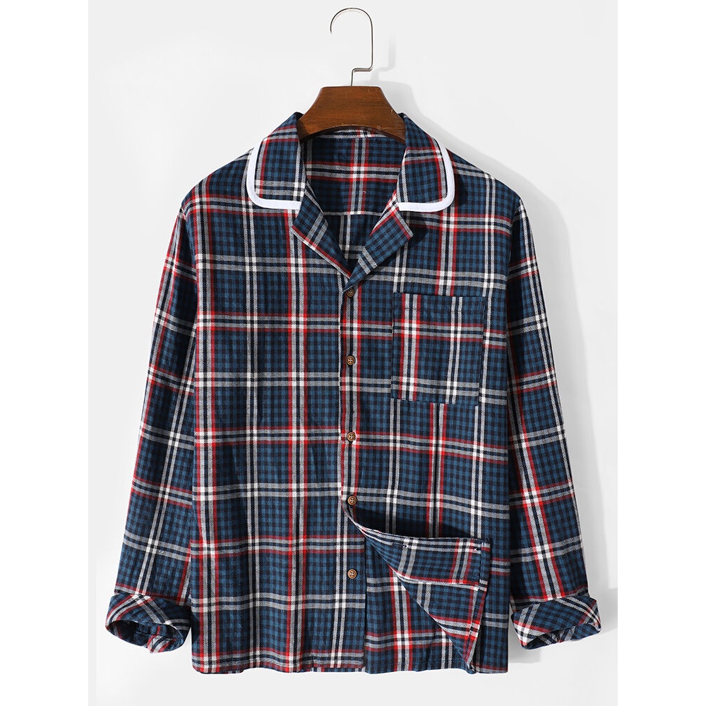 Mens Plaid Contrast Revere Collar Cotton Long Sleeve Shirts - Yellow S