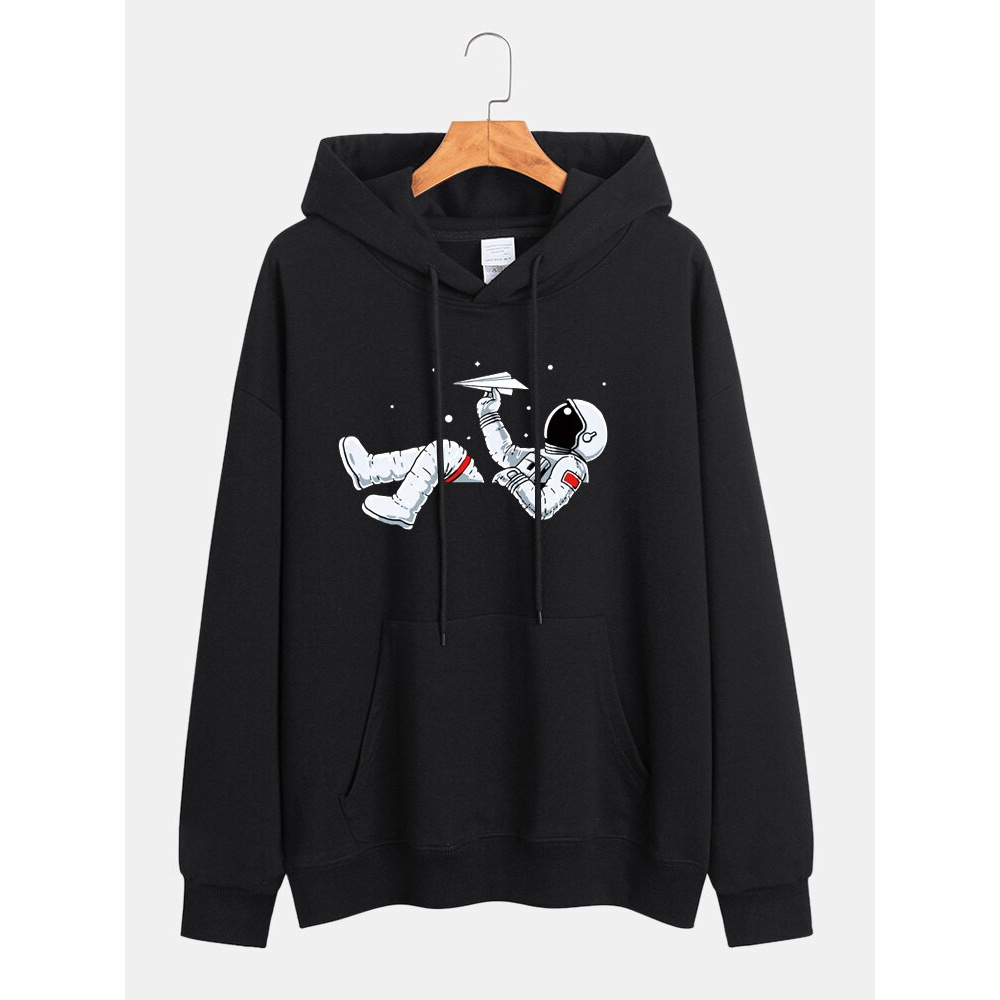 Cotton Mens Cartoon Astronaut Print Long Sleeve Drop Shoulder Drawstring Hoodies - Black S