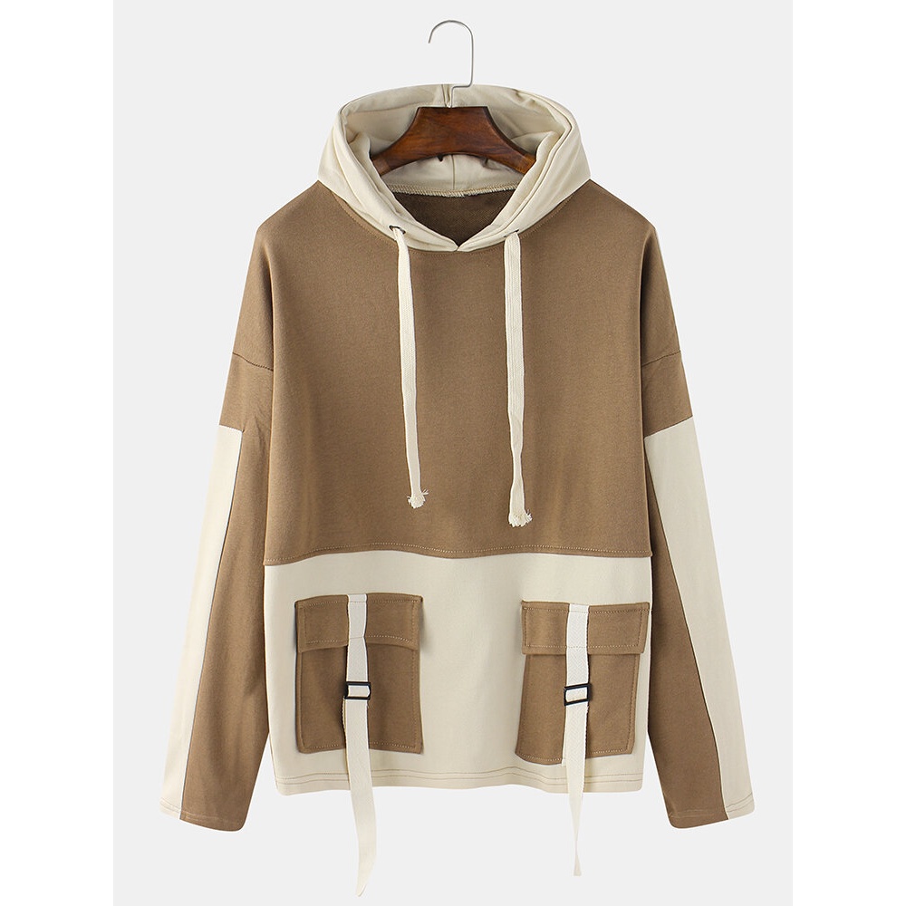 Mens Patchwork Drop Sleeves Loose Casual Drawstring Hoodies With Flap Pockets - Brown M