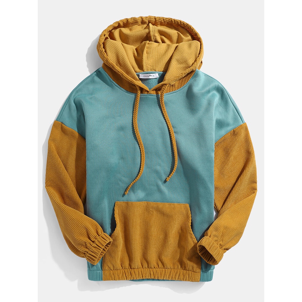 Mens Corduroy Patchwork Drop Shoulder Bodycon Hem Drawstring Hoodies - S Green