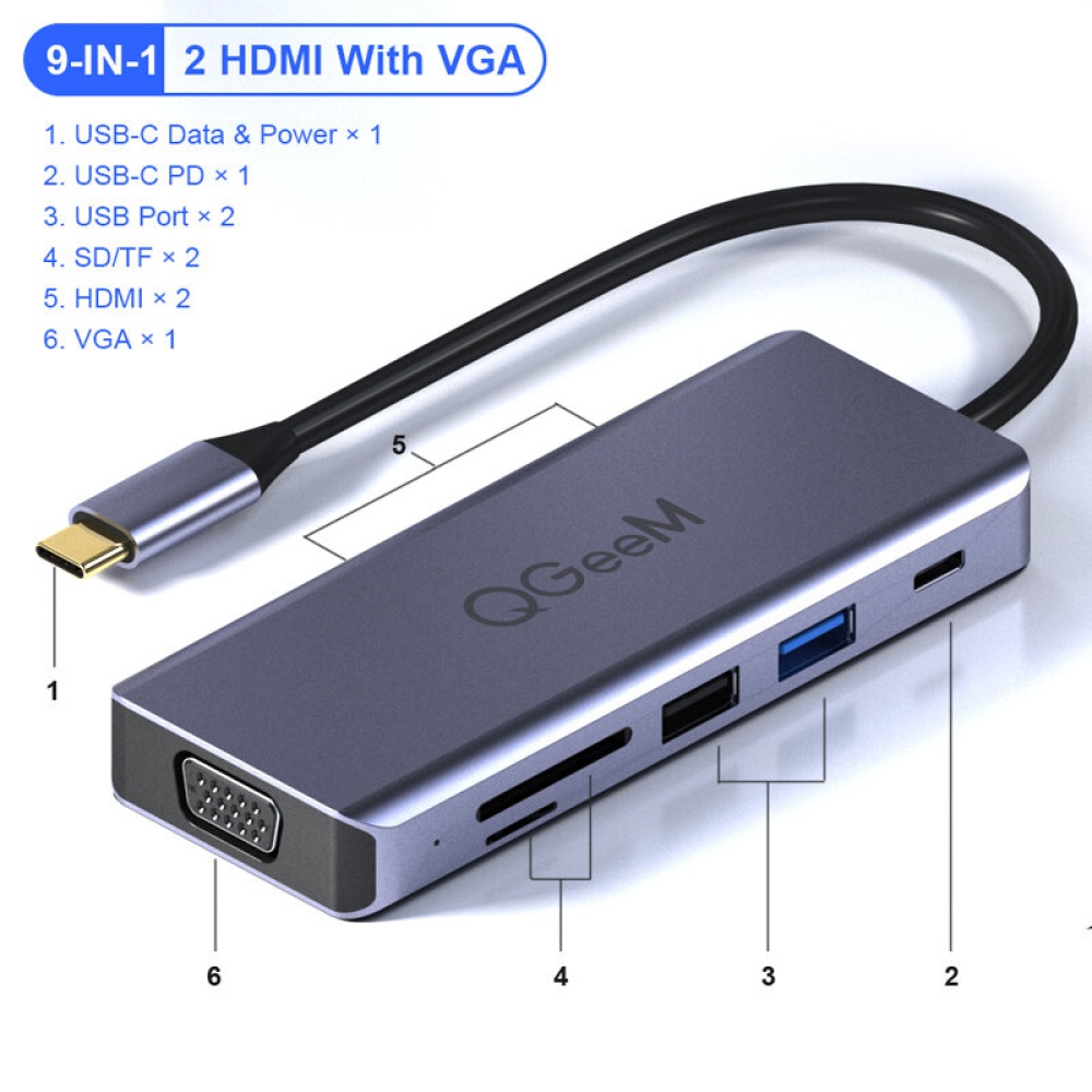 QGeeM 9 In 1 Triple Display USB-C Hub Docking Station Adapter With Dual 4K HDMI HD Display / 1080P VGA / 87W USB-C PD3.0 Power Delivery / USB 3.0 / U - Image 2