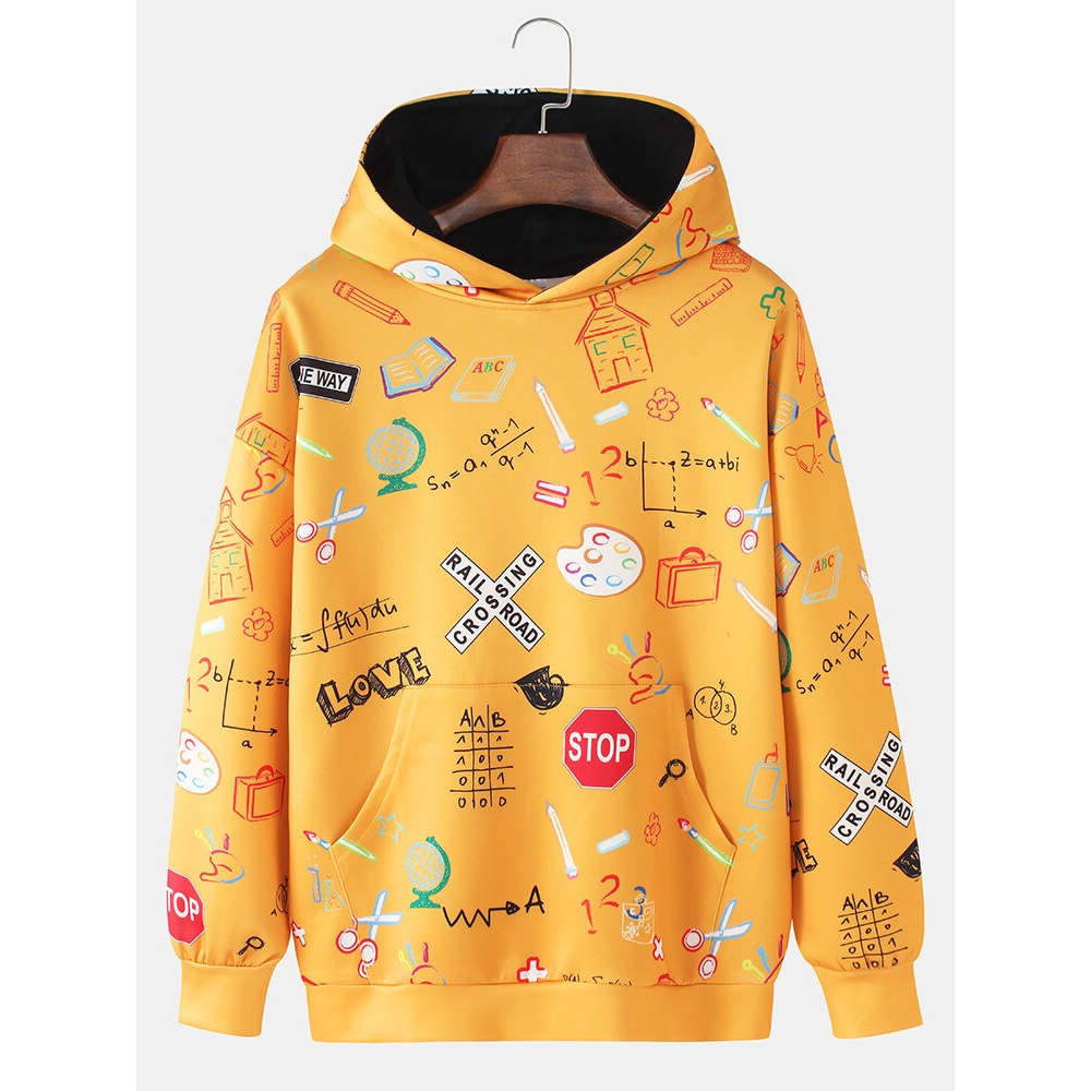Mens Stationery Letter Printing Relaxed Fit Hoodies With Pouch Pocket - Yellow L