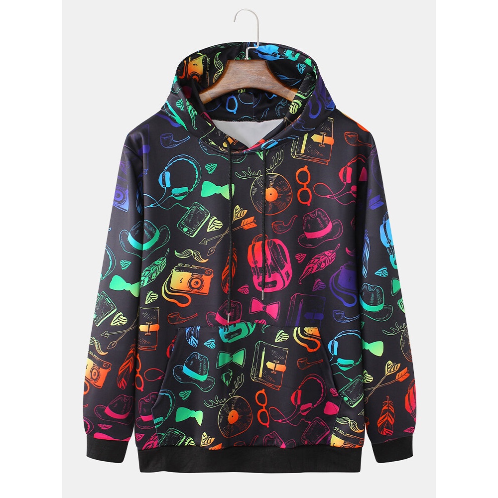 Mens Funny Print Ombre Kangaroo Pocket Long Sleeve Hoodies - Black M