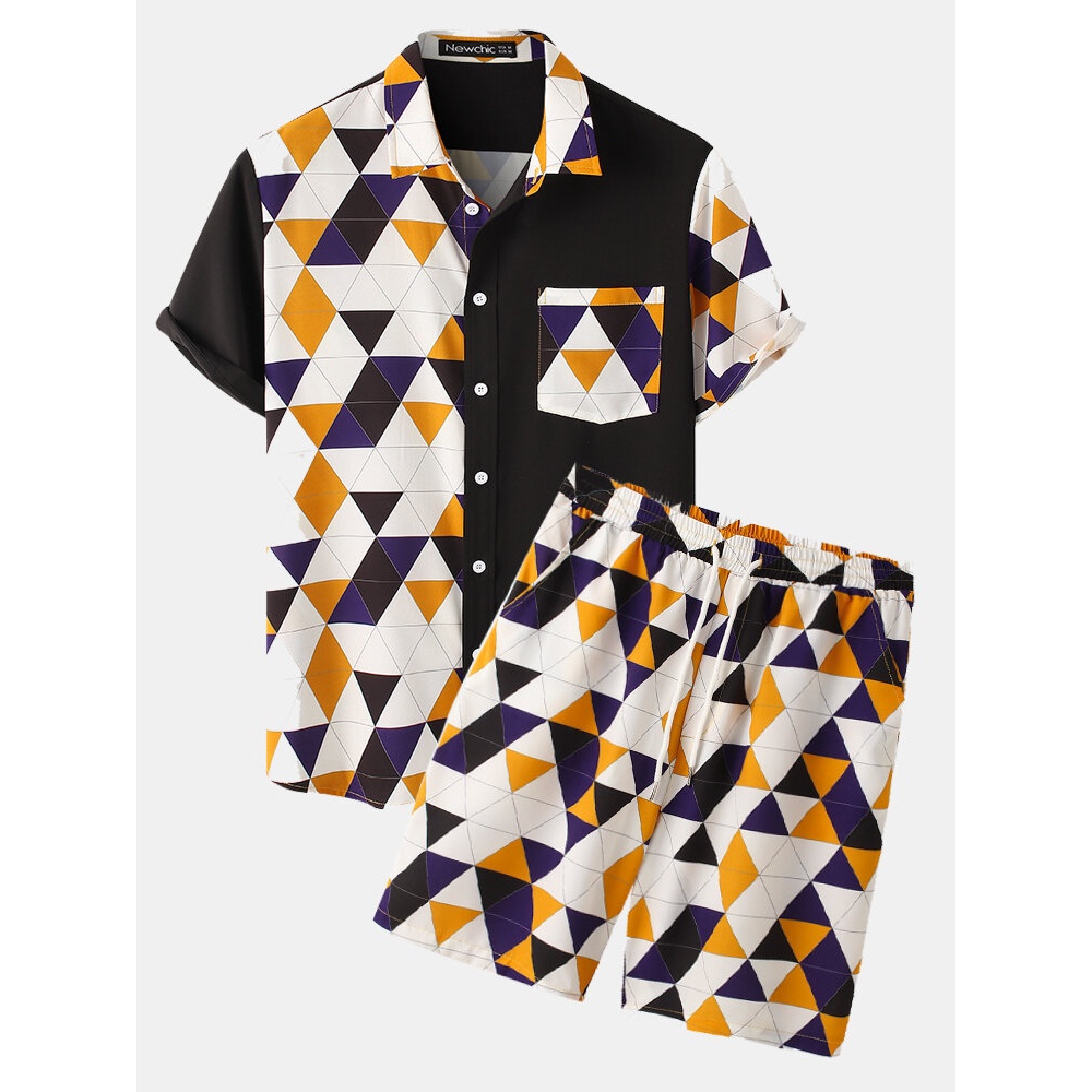 Mens Geometric Print Patchwork Short Sleeve Casual Holiday Two-Piece Outfits - Yellow S