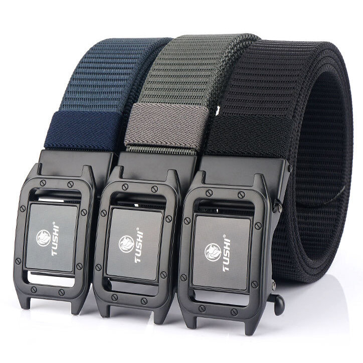 TUSHI Metal Press Buckle Belt Men's Tactical Waist Belt 120CM 3.5CM,Leisure Nylon Belt,Punch Free Automatic Buckle - Navy blue