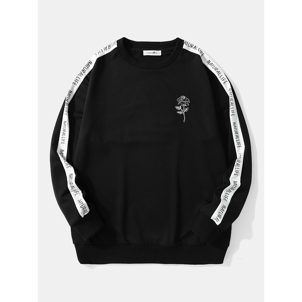 Men Rose Flower Letter Strip Side Pullover Crew Neck Casual Pullover Sweatshirt - Black S