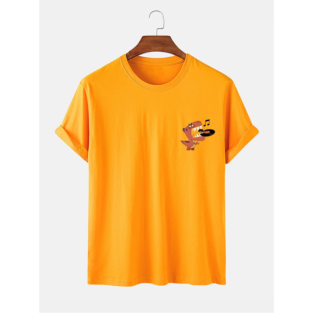 Mens 100% Cotton Cartoon Dinosaur Pattern O-Neck Casual T-Shirt - Grey S