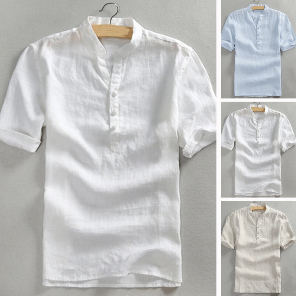 Men's Short Sleeve Casual Loose V Neck Cotton Tee Top Beach Leisure T Shirt Tees - S Blue