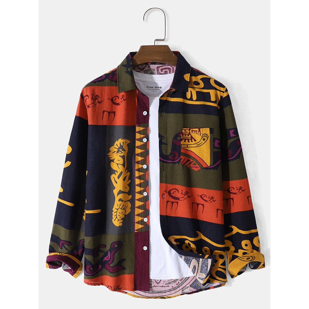 Men Ethnic Tribal Pattern Colorblock Casual Cotton Long Sleeve Shirts - Green 2XL