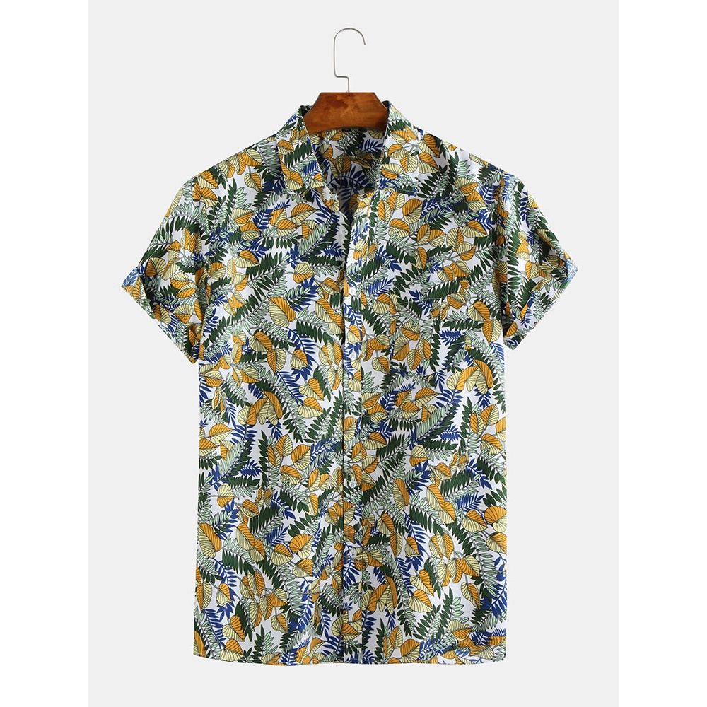 Mens Summer Leaf Printed Shirts - M Yellow