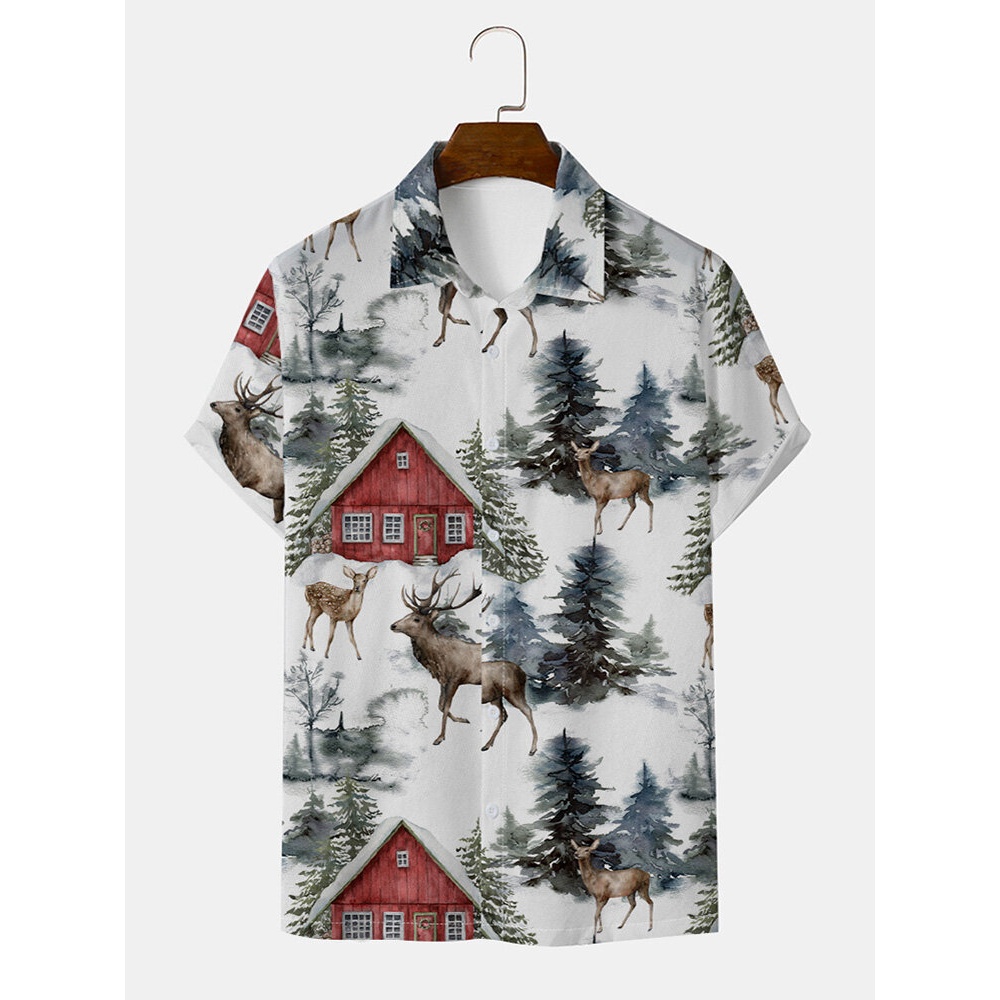 Men  Elk Pattern Button Lapel Short Sleeve Casual Shirts - White S