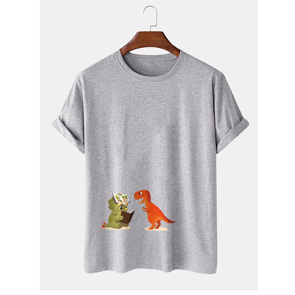 Mens 100% Cotton Cartoon Dinosaur Print Short Sleeve Casual T-Shirts - Grey S