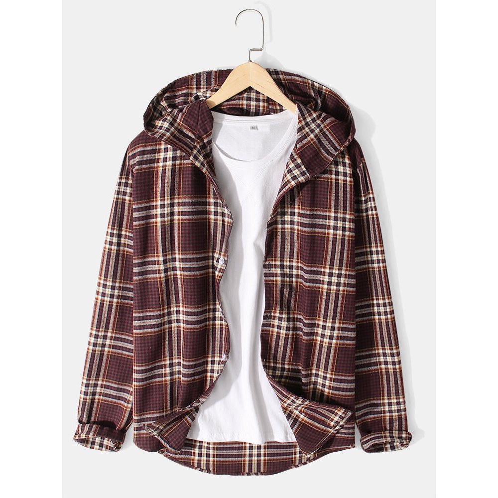 Mens Vintage Plaid Button Up Hooded Long Sleeve Shirts - Red L