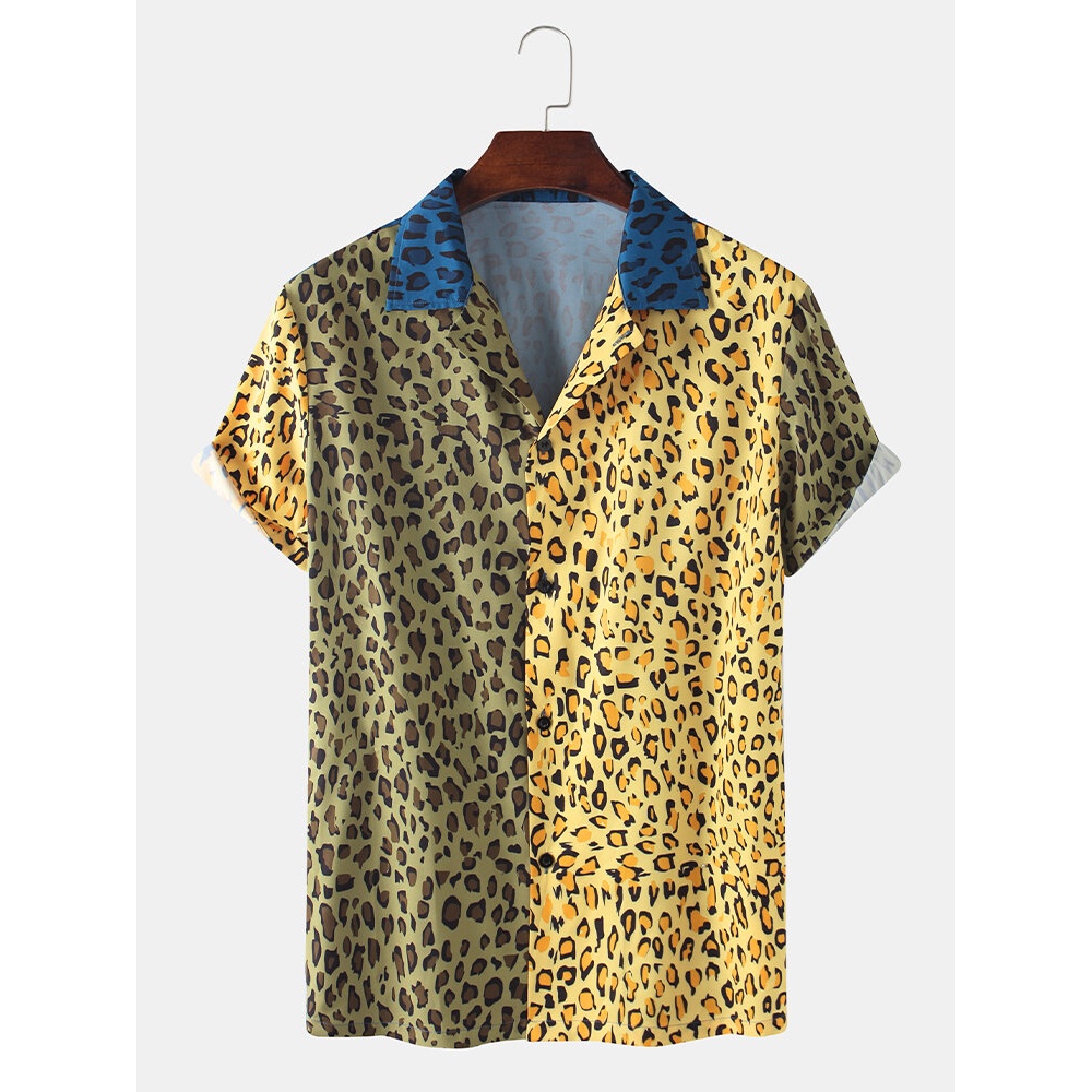 Mens Leopard Printing Color Block Short Sleeve Casual Shirts - M #01
