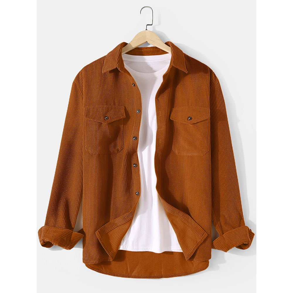 Mens Corduroy Solid Color Relaxed Fit Long Sleeve Shirts With Flap Pockets - Yellow S