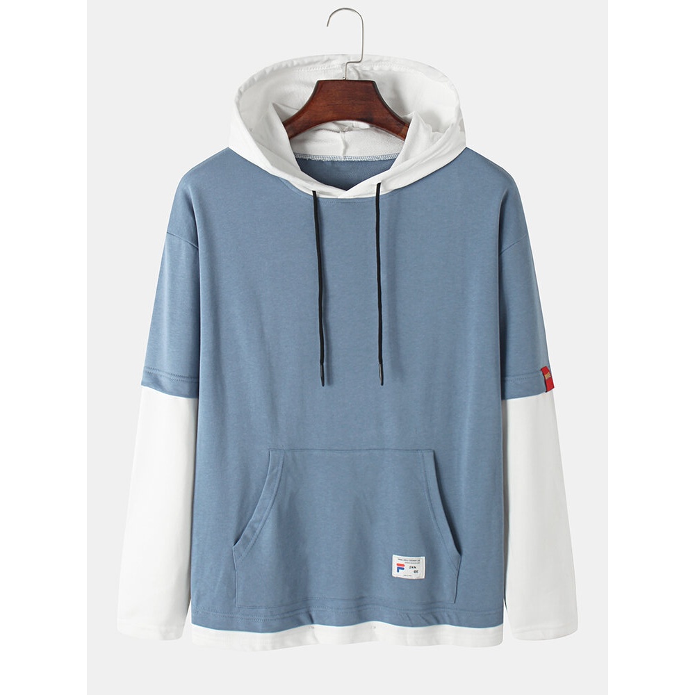 Mens Contrasting Colors Patchwork Kangaroo Pocket Long Sleeve Hoodies - Grey XL