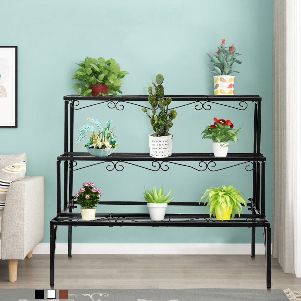 3 Tier Metal Plant Stand Flower Pot Holder Shelves Garden Home Indoor Outdoor - Black - Image 2