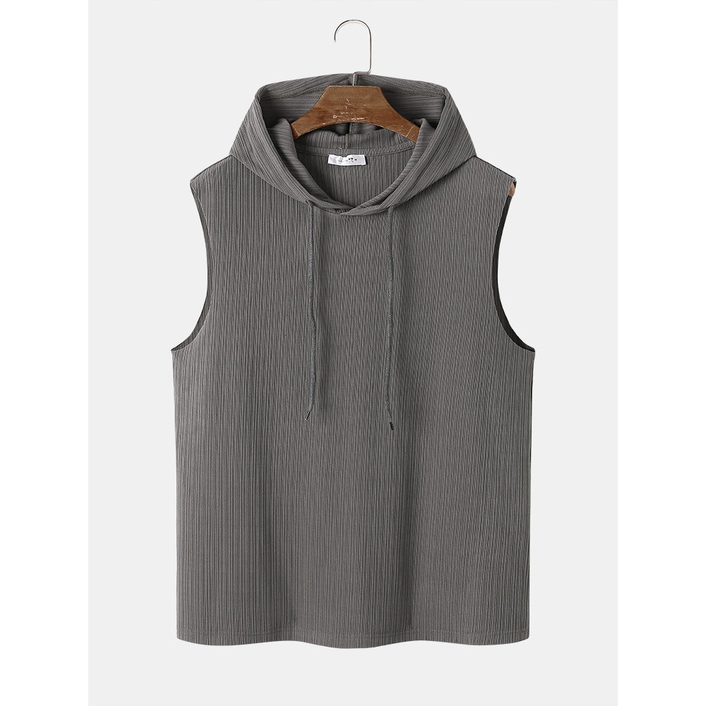 Mens Solid Color Ribbed Hooded Sleevelss Casual Tank Top - Grey S