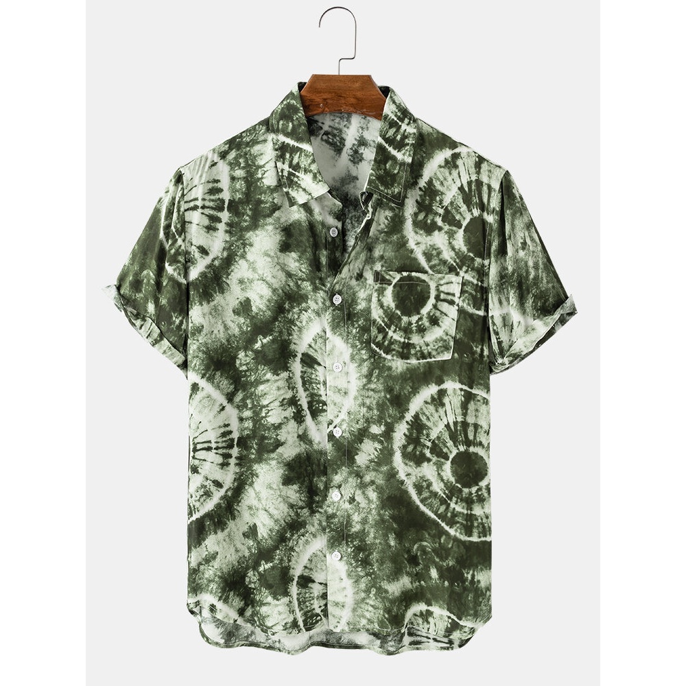 Mens Tie-dye Print Turn Down Collar Short Sleeve Shirts - Blue M