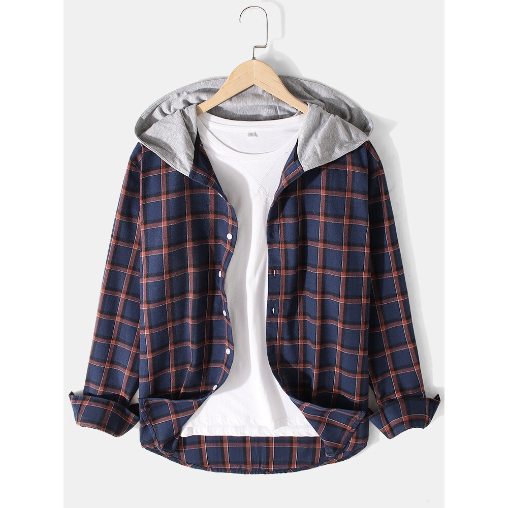 Mens Cotton Plaid Patchwork Hooded Long Sleeve Classic Shirts - Blue S