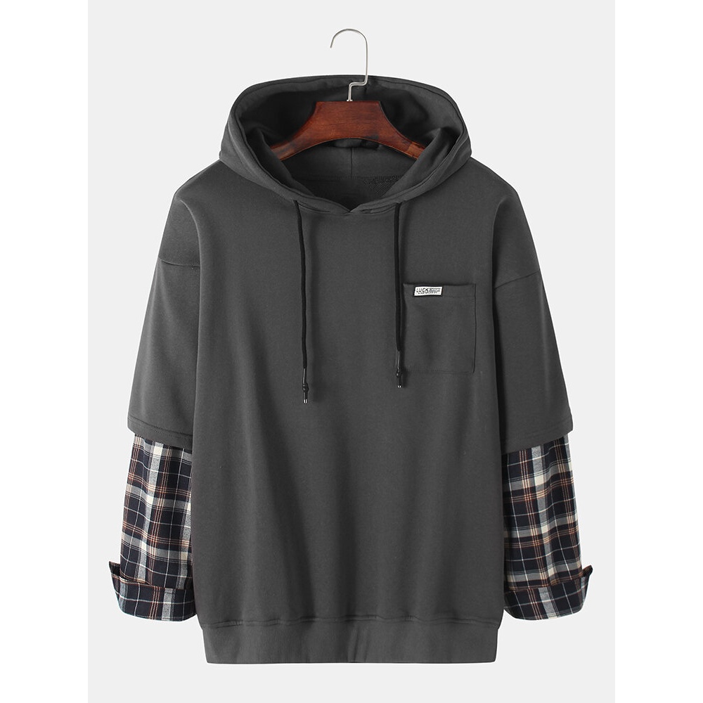 Mens Plaid Patchwork Faux Twinset Pullover Hoodie With Chest Pocket - White L