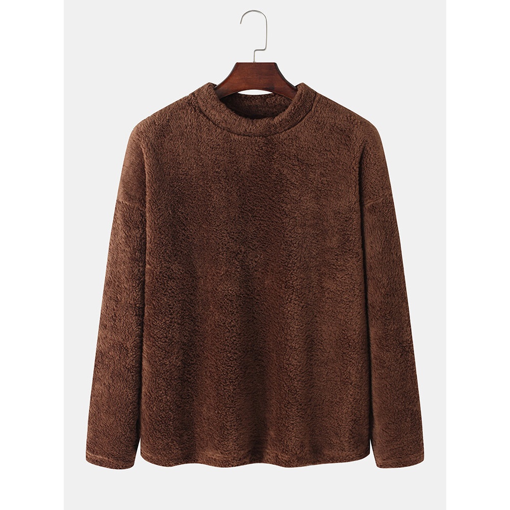 Mens Solid Color Plush Pullover Round Neck Sweatshirts - Grey L