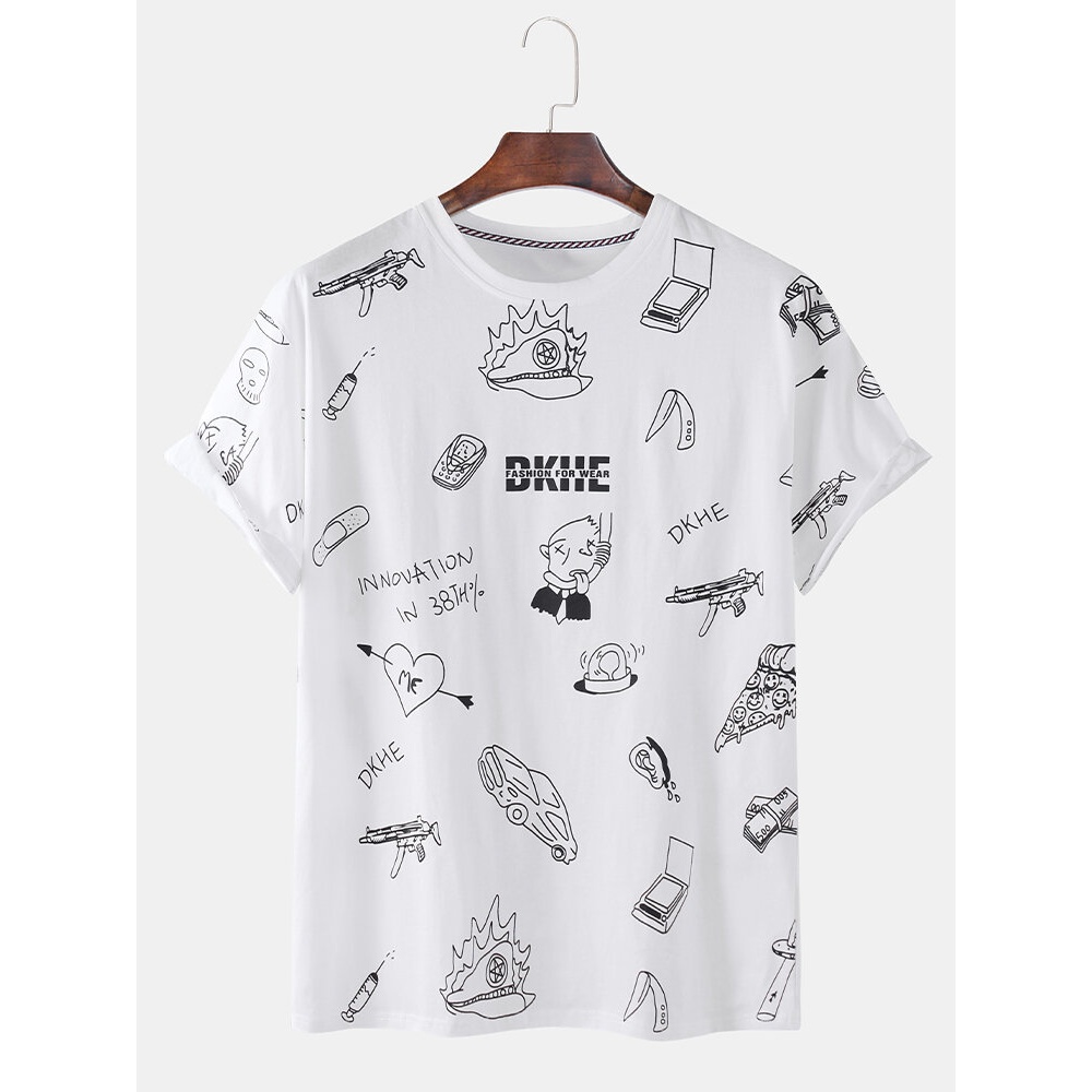 Mens Funny Cartoon Graffiti Printed Short Sleeve Solid Color T-Shirts - White M