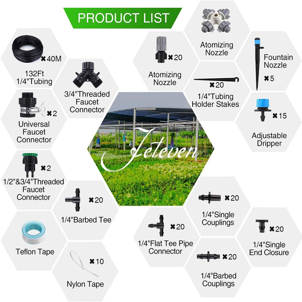 40m 178PCS Drip Irrigation Kit 1/4" Blank Distribution Tubing Automatic Irrigation Equipment Set with Adjustable Nozzle - Image 2