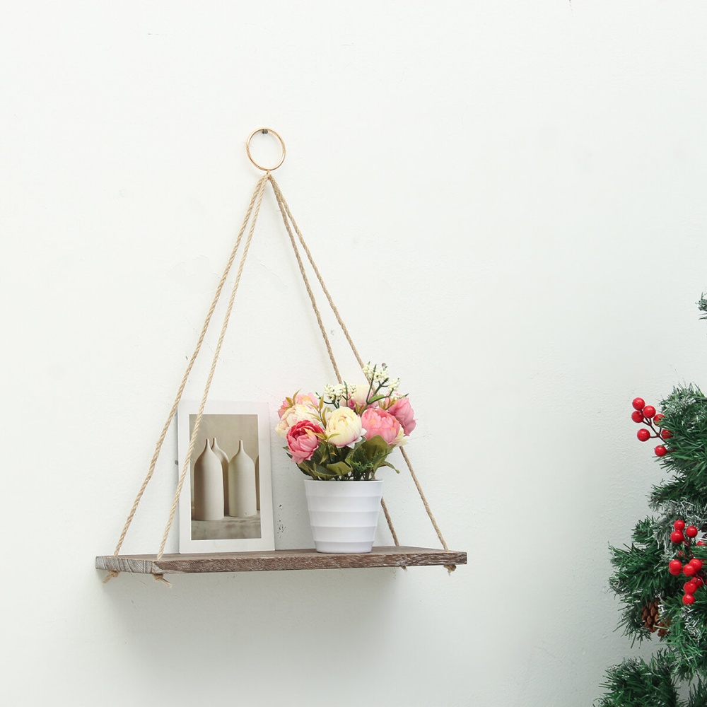 1/2/3 Tiers Wall Mounted Storage Holder Wooden Hanging Rope Shelf Floating Rack - 1 Layer - Image 2