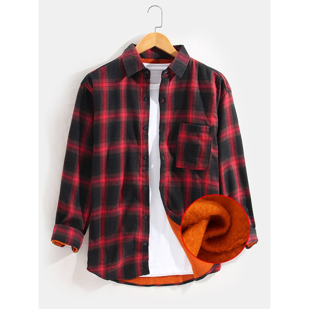 Mens Thicken Classic Plaid Warm Lined Long Sleeve Shirts With Pocket - Red L