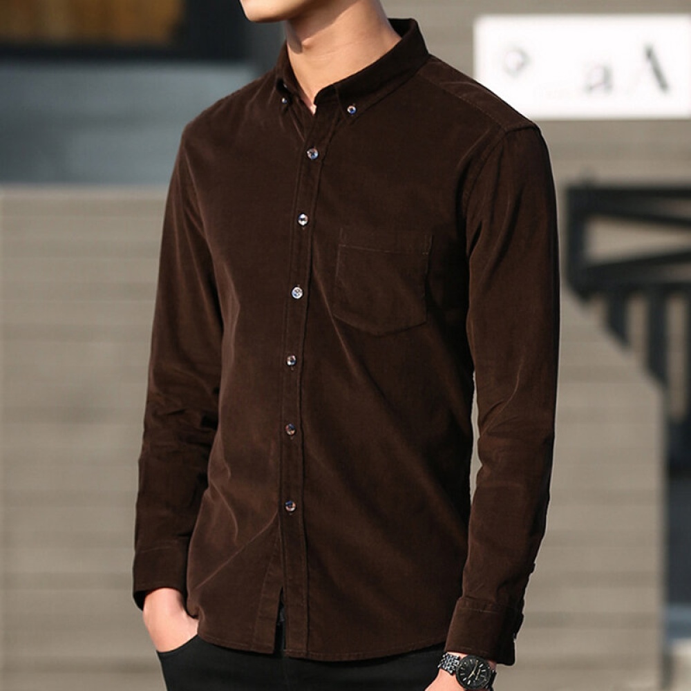 Mens Fashion Pocket Design Corduroy Casual Shirts - XL Brown - Image 2