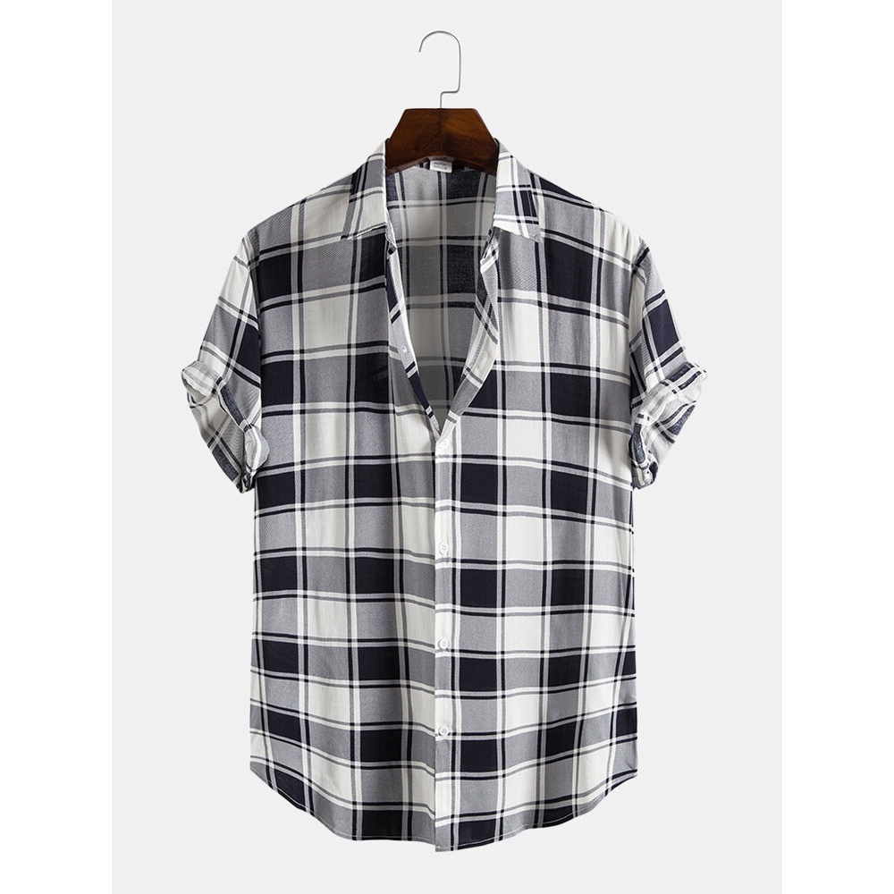 Mens Plaid Print Button Casual Lapel Short Sleeve Shirts - Black S
