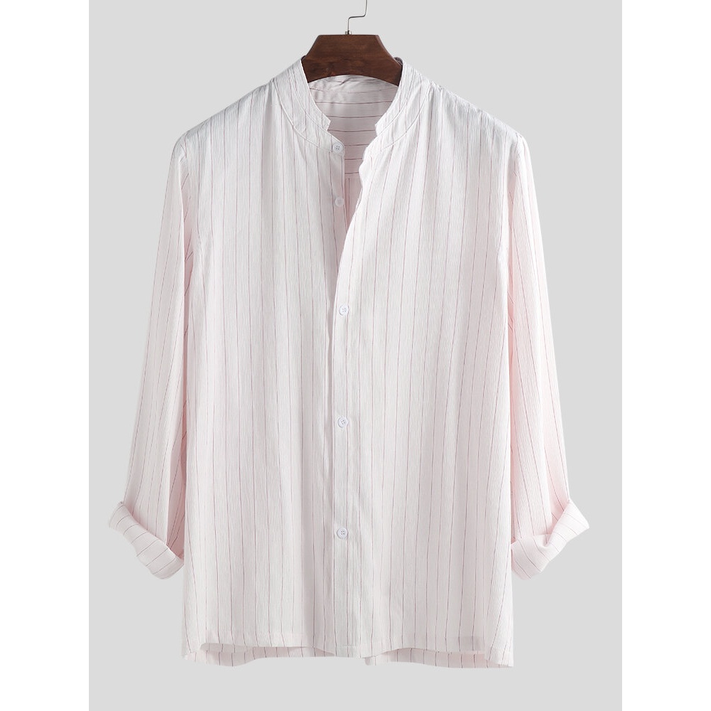 Men Vertical Stripe Stand Collar Long Sleeve Shirts - 3XL Red