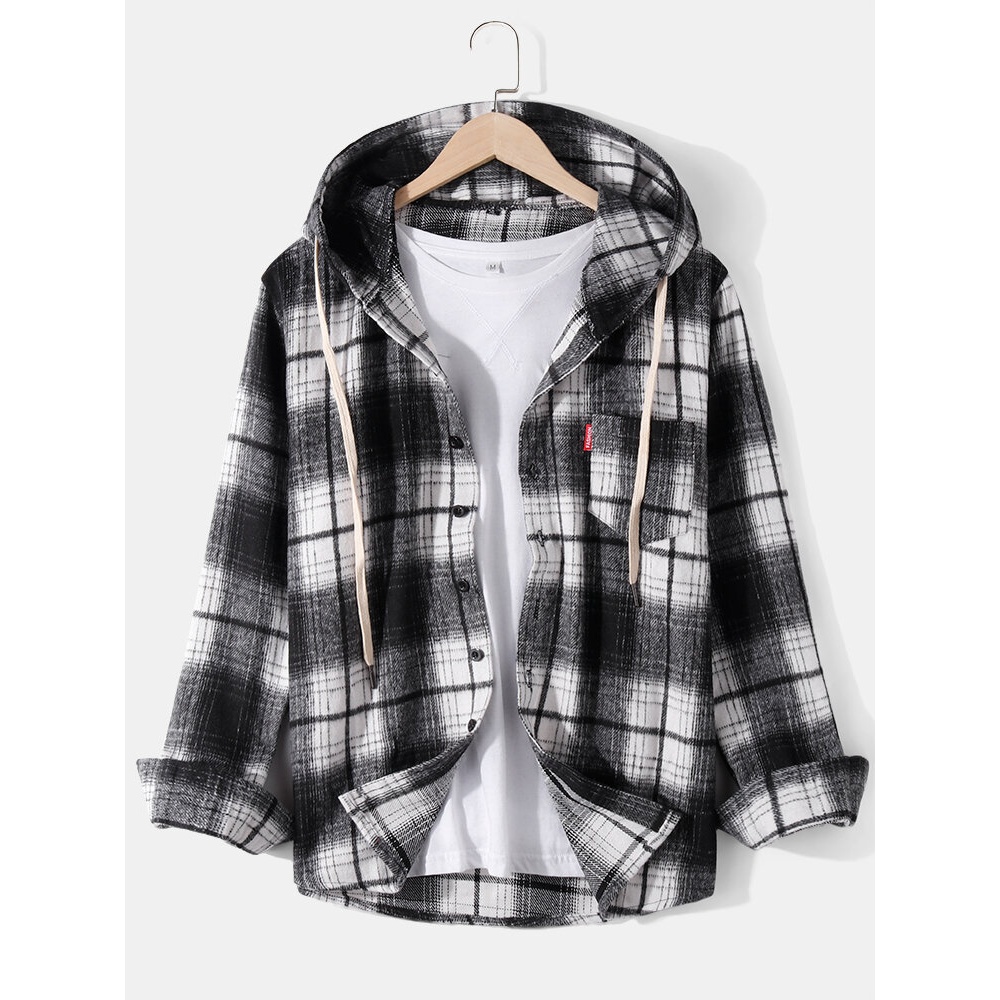 Mens Plaid Long Sleeve Chest Pocket Vintage Warm Thick Hooded Shirts - Red M