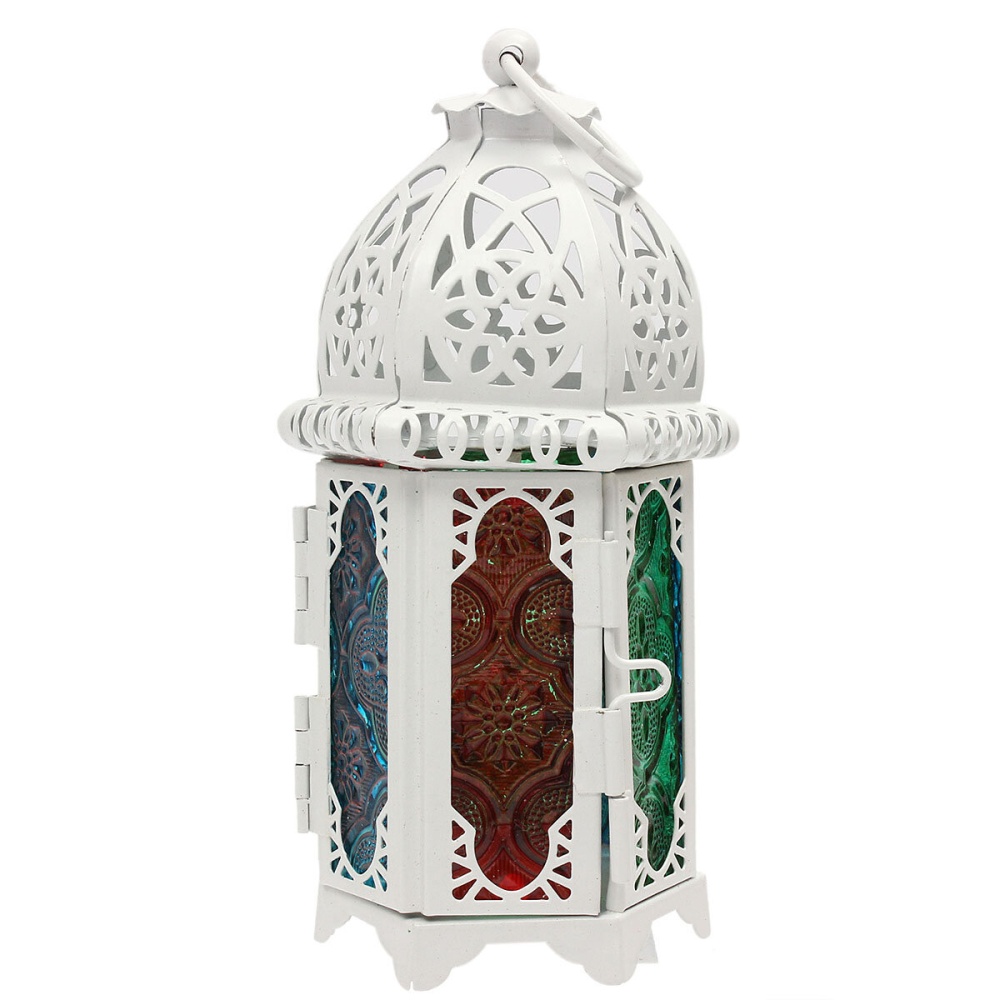 Vintage Moroccan Hollow Iron Lantern Tea Light Hanging Candle Holder Candlestick - White - Image 2