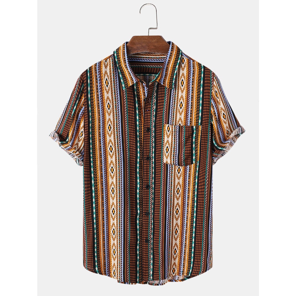 Mens Ethnic Style Striped Printing Lapel Shirt With Pocket - Brown S
