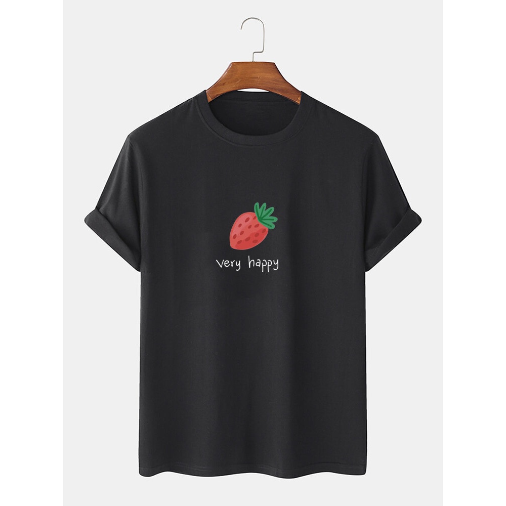 Cotton Strawberry Letter Print Simple Short Sleeve T-Shirts - Grey S