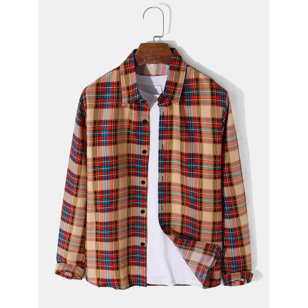 Mens Plaid Print Lapel Long Sleeve Preppy Shirts - Orange L