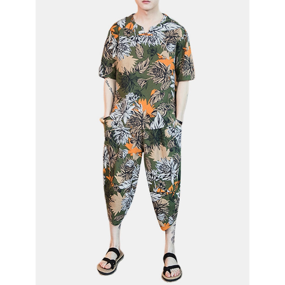 Mens Half Sleeve Printed Chinese Style Loose Fashion Suit - 3XL Green