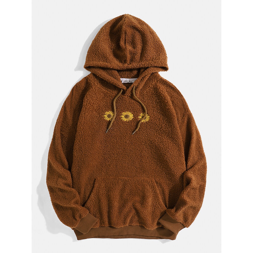 Men Floral Embroidered Plush Fluffy Hoodies With Kangaroo Pocket - S Coffee