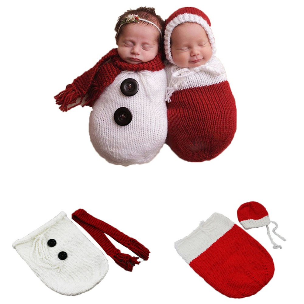 Newborn Baby Crochet Knit Costume Photography Photo Prop Snowman Hat Cap Set  Gift - Red - Image 2