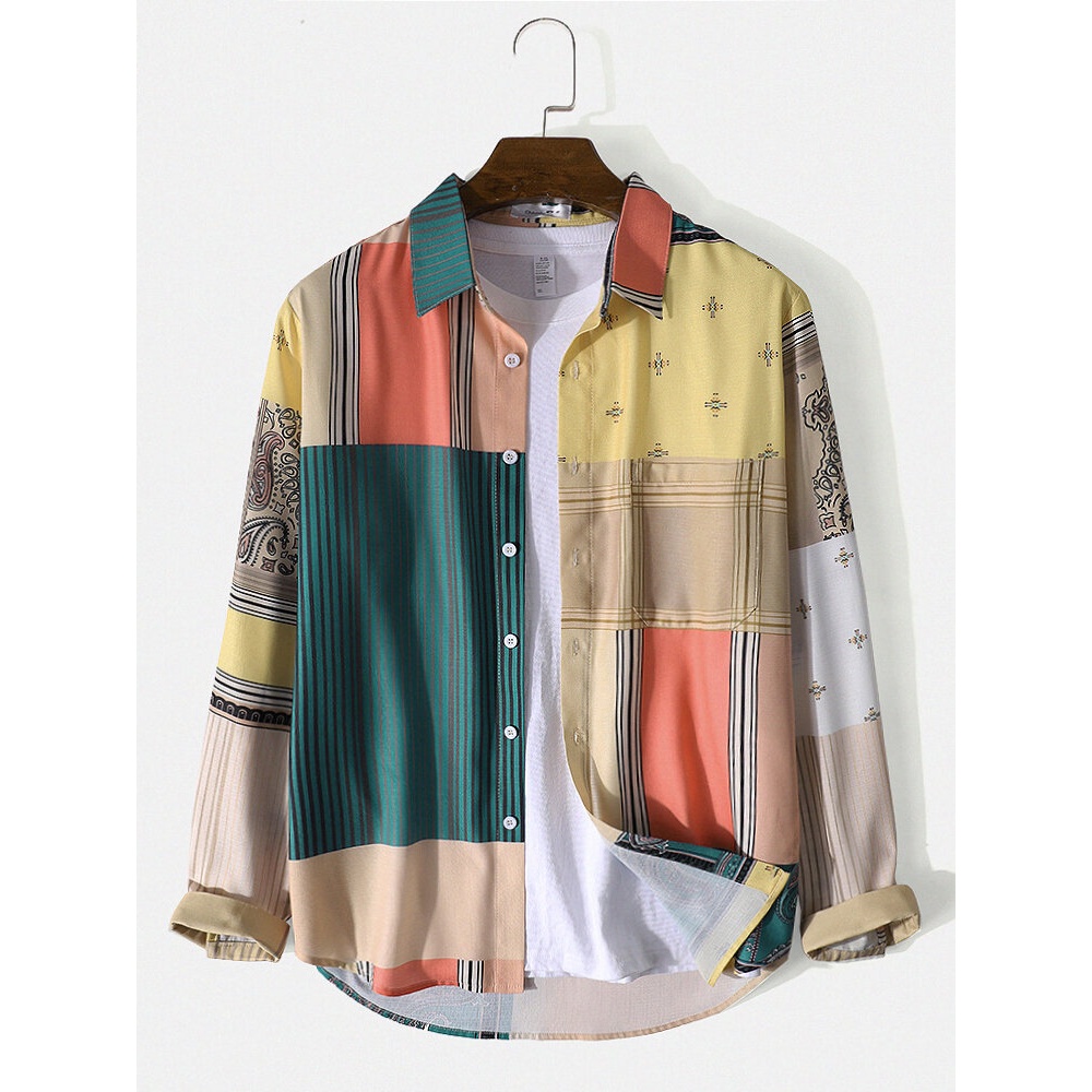 Mens Mixed Pattern Print Button Lapel Chest Pocket Shirt - Pink S