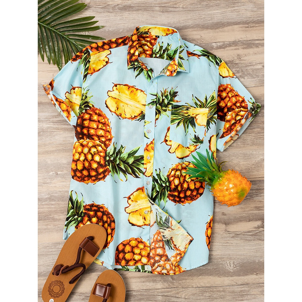 Mens Cotton Pineapple Print Pocket Short Sleeve Turn Down Collar Hawaii Beach Shirts - Navy M