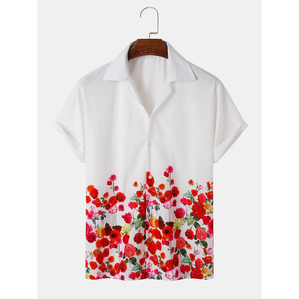 Mens Fashion Floral Print Revere Collar Holiday Short Sleeve Shirts - White S