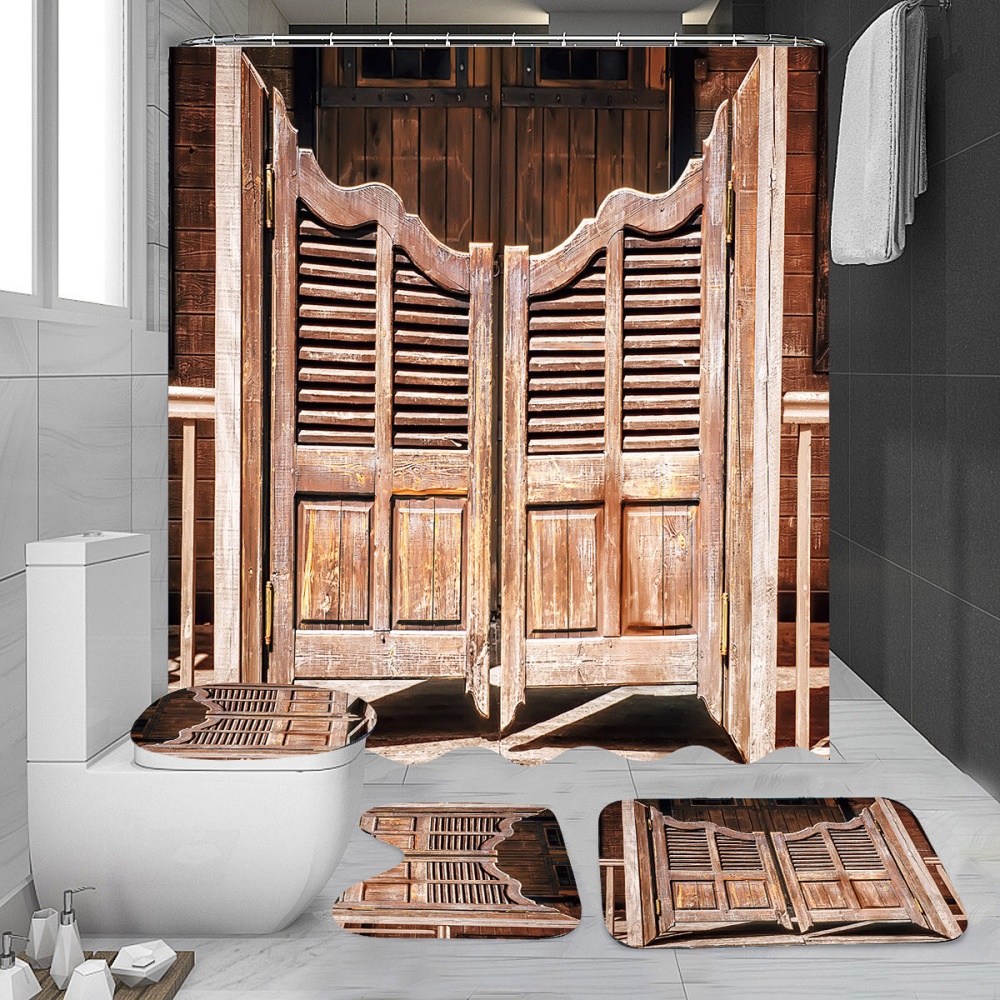 Old Wooden Door Retro Bath Pedestal Rug Lid Toilet Cover Mat Shower Curtain - Type B - Image 2