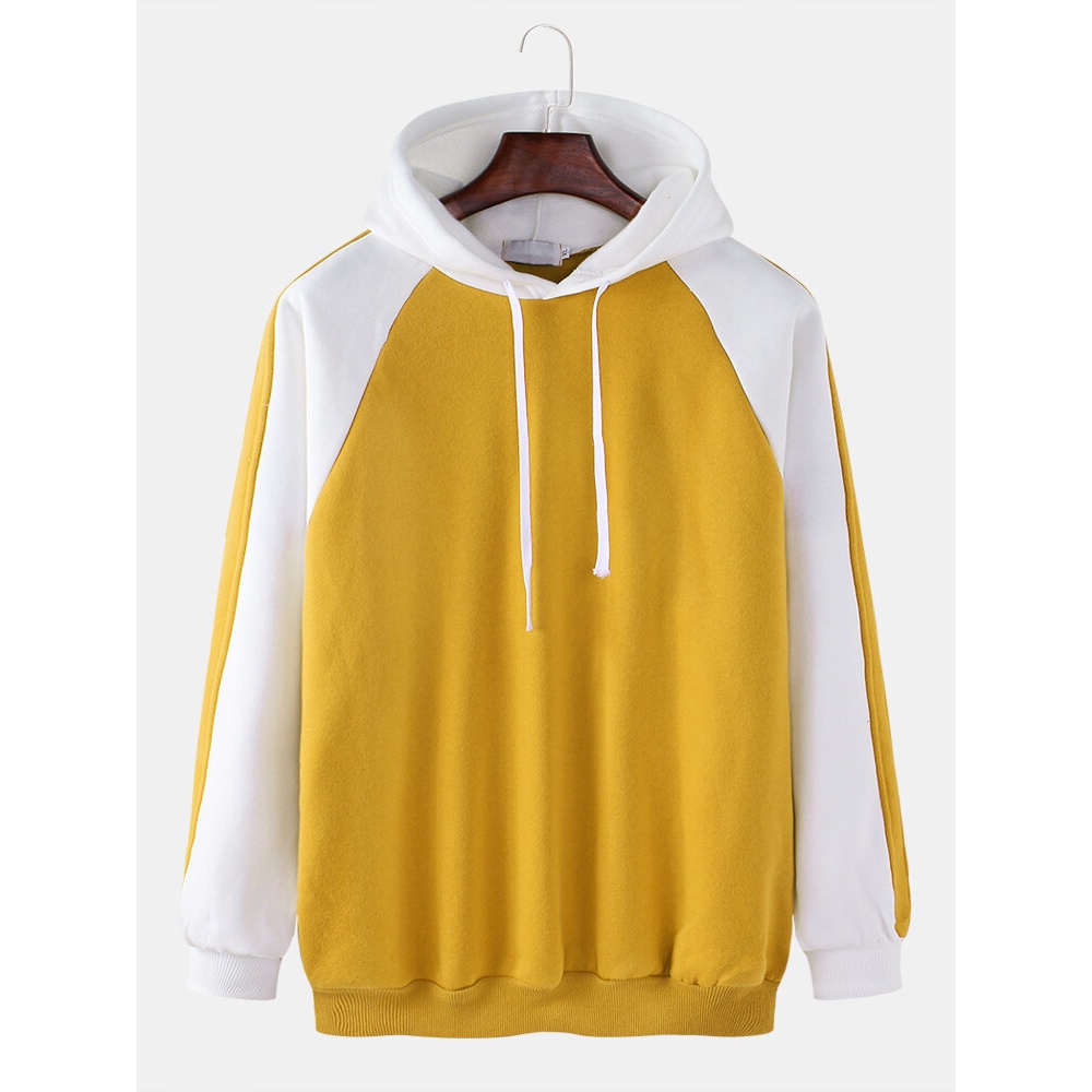 Mens Patchwork Solid Color Raglan Long Sleeves Casual Drawdstring Hoodies - Blue 2XL