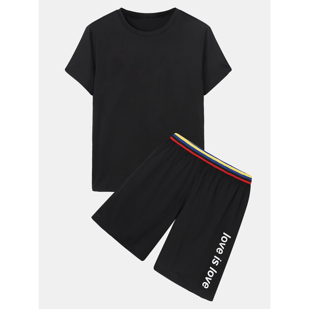 Mens Letter Print Black Short Sleeve Two Piece Loose Casual Suit - Black XL