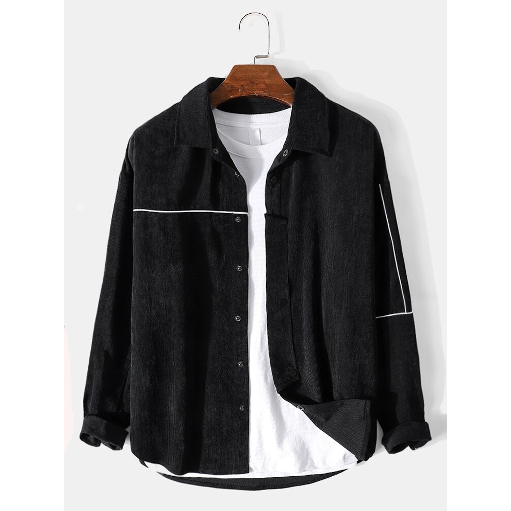 Mens Corduroy Contrast Binding Lapel Plain Long Sleeve Black Shirts - Black XL