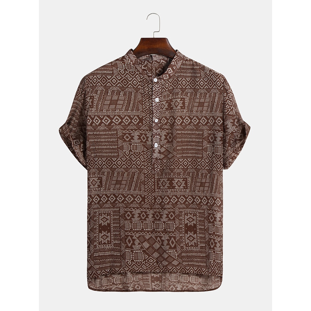 Mens Abstract Printing Ethnic Style Short Sleeve Loose Casual Henley Shirts - Brown 2XL